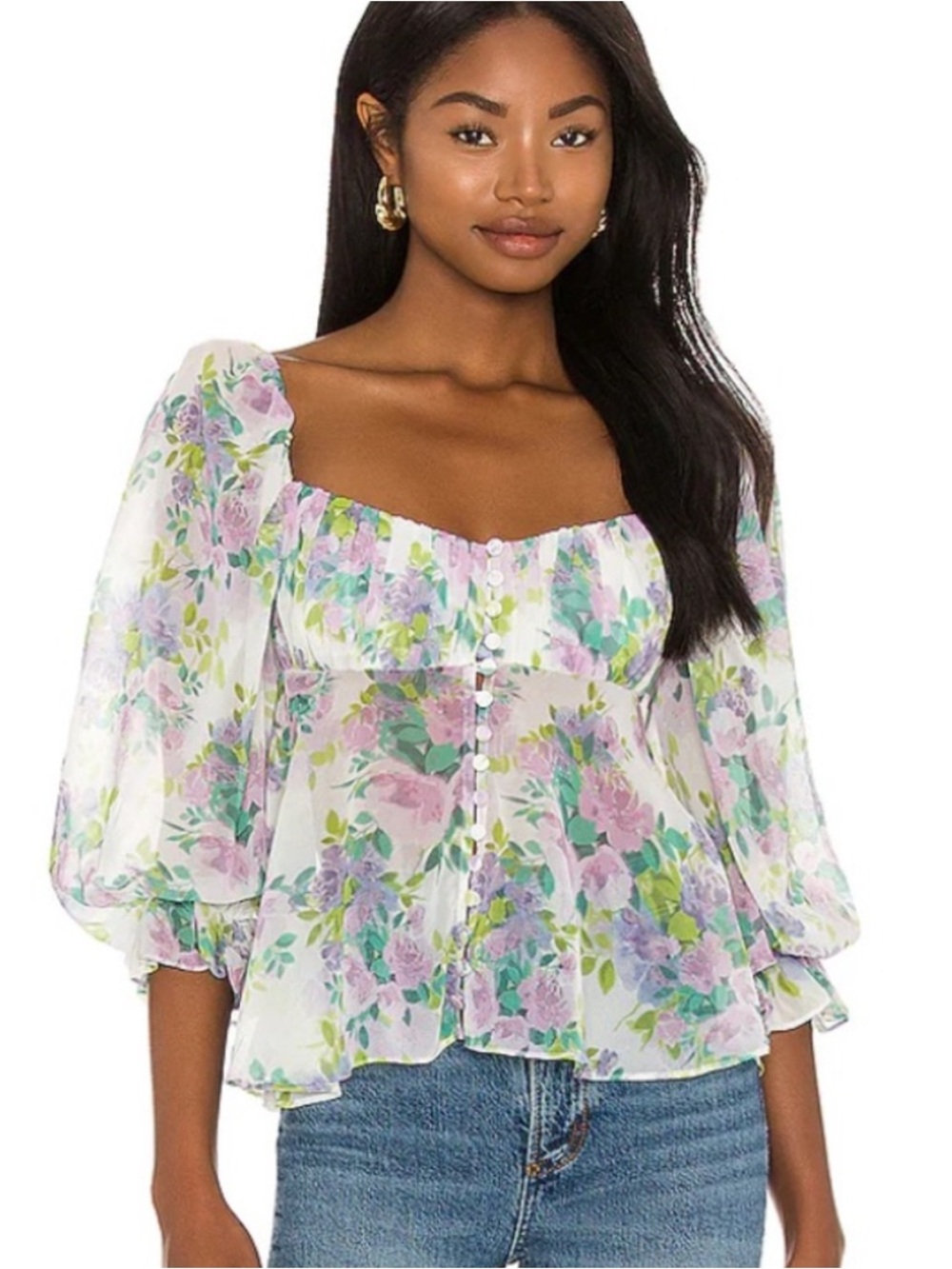 For Love & Lemons Meadow Babydoll Blouse Lavender Floral XS Coquette Cottagecore